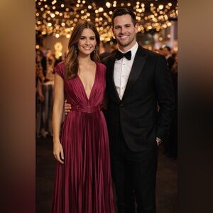 NWT Ieena Mac Duggal Pleated Plunge Neck Belted Satin Raspberry Gown Sz 4